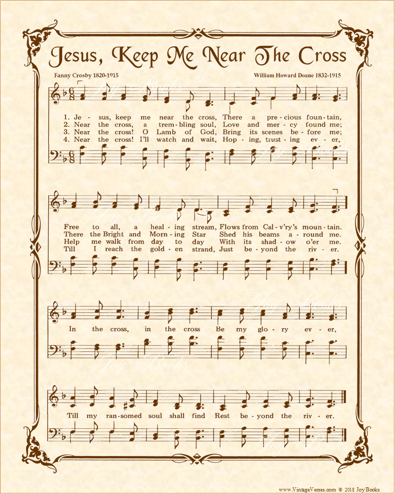 Jesus Keep Me Near The Cross - Christian Heritage Hymn, Sheet Music, Vintage Style, Natural Parchment, Sepia Brown Ink, 8x10 art print ready to frame, Vintage Verses