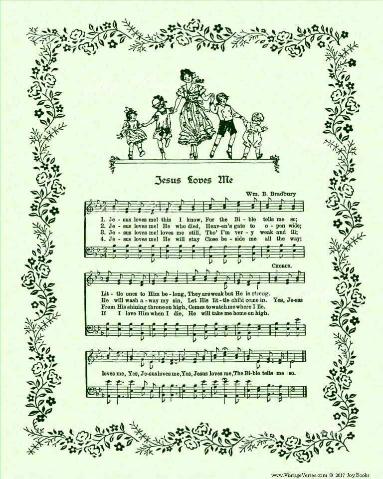 Jesus Loves Me - Christian Heritage Hymn, Sheet Music, Vintage Style, Green Parchment, Hunter Green Ink, 8x10 art print ready to frame, Vintage Verses