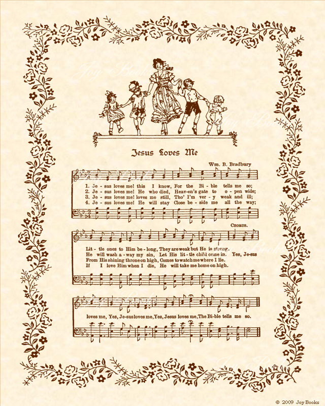 Jesus Loves Me - Christian Heritage Hymn, Sheet Music, Vintage Style, Natural Parchment, Sepia Brown Ink, 8x10 art print ready to frame, Vintage Verses