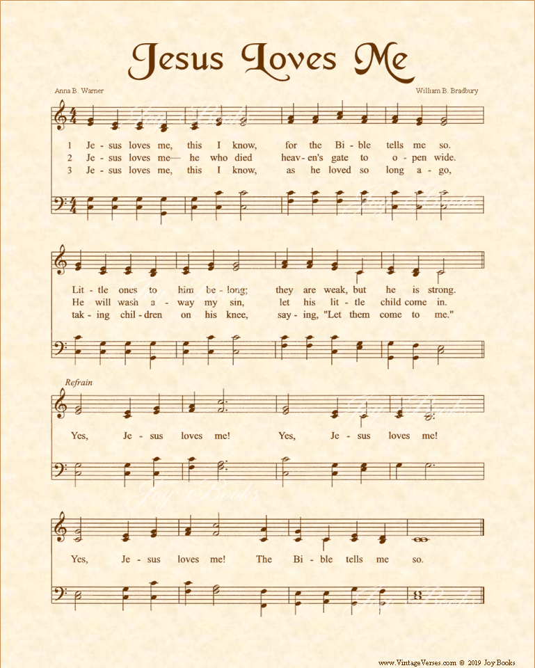 Jesus Loves Me - Christian Heritage Hymn, Sheet Music, Vintage Style, Natural Parchment, Sepia Brown Ink, 8x10 art print ready to frame, Vintage Verses