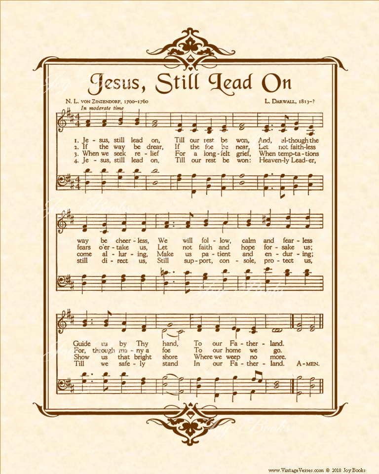 Jesus Still Lead On - Christian Heritage Hymn, Sheet Music, Vintage Style, Natural Parchment, Sepia Brown Ink, 8x10 art print ready to frame, Vintage Verses
