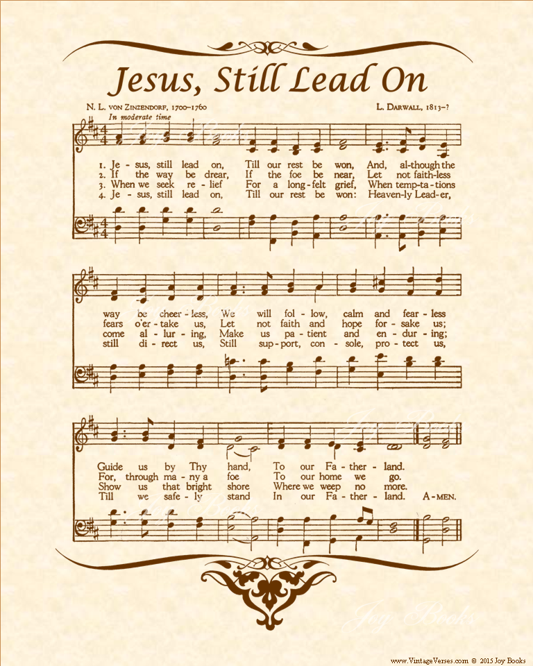 Jesus Still Lead On - Christian Heritage Hymn, Sheet Music, Vintage Style, Natural Parchment, Sepia Brown Ink, 8x10 art print ready to frame, Vintage Verses