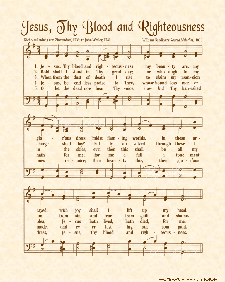 Jesus Thy Blood And Righteousness - Christian Heritage Hymn, Sheet Music, Vintage Style, Natural Parchment, Sepia Brown Ink, 8x10 art print ready to frame, Vintage Verses