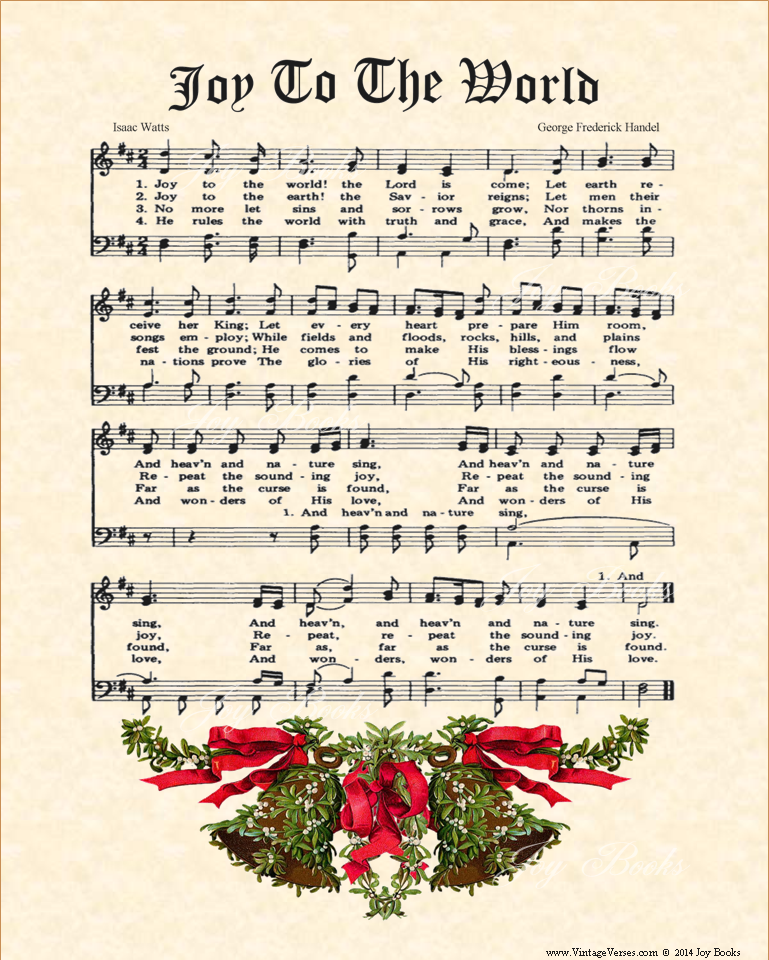 Joy To The World - Christian Heritage Hymn, Sheet Music, Vintage Style, Natural Parchment, Dark Charcoal Ink, mistletoe bells, 8x10 art print ready to frame, Vintage Verses