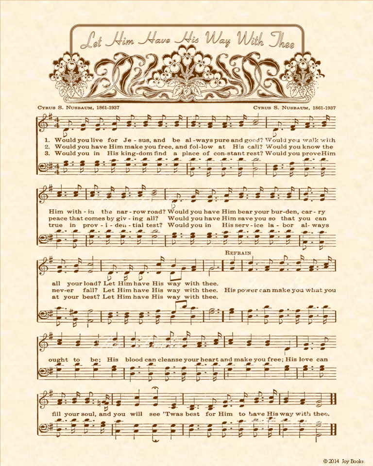 Let Him Have His Way With Thee - Christian Heritage Hymn, Sheet Music, Vintage Style, Natural Parchment, Sepia Brown Ink, 8x10 art print ready to frame, Vintage Verses