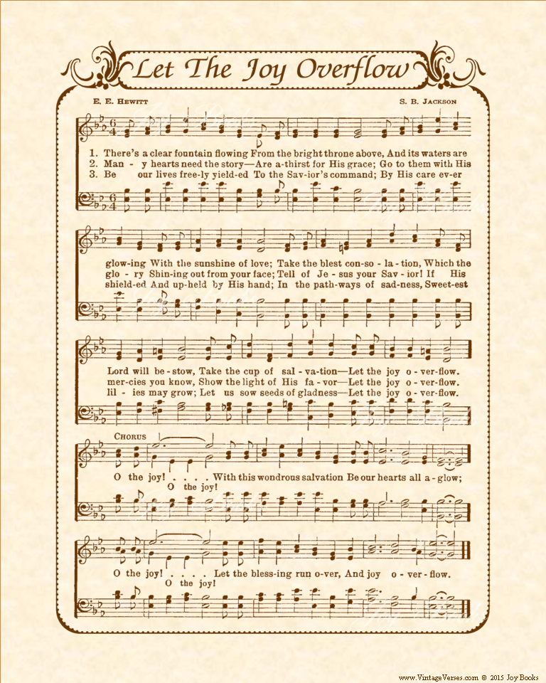 Let The Joy Overflow - Christian Heritage Hymn, Sheet Music, Vintage Style, Natural Parchment, Sepia Brown Ink, 8x10 art print ready to frame, Vintage Verses