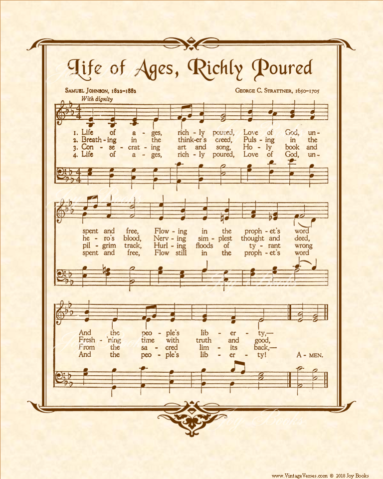 Life Of Ages Richly Poured - Christian Heritage Hymn, Sheet Music, Vintage Style, Natural Parchment, Sepia Brown Ink, 8x10 art print ready to frame, Vintage Verses