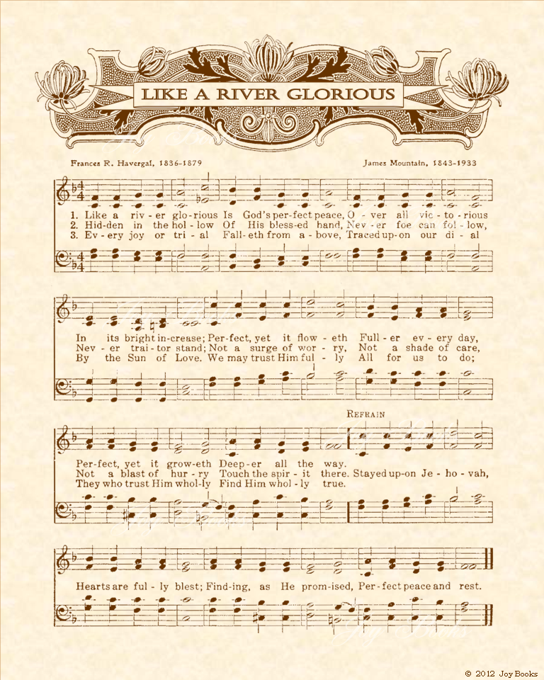 Like A River Glorious - Christian Heritage Hymn, Sheet Music, Vintage Style, Natural Parchment, Sepia Brown Ink, 8x10 art print ready to frame, Vintage Verses