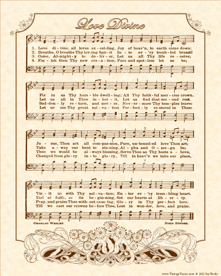 Love Divine, All Loves Excelling - Christian Heritage Hymn, Sheet Music, Vintage Style, Natural Parchment, Sepia Brown Ink, 8x10 art print ready to frame, Vintage Verses