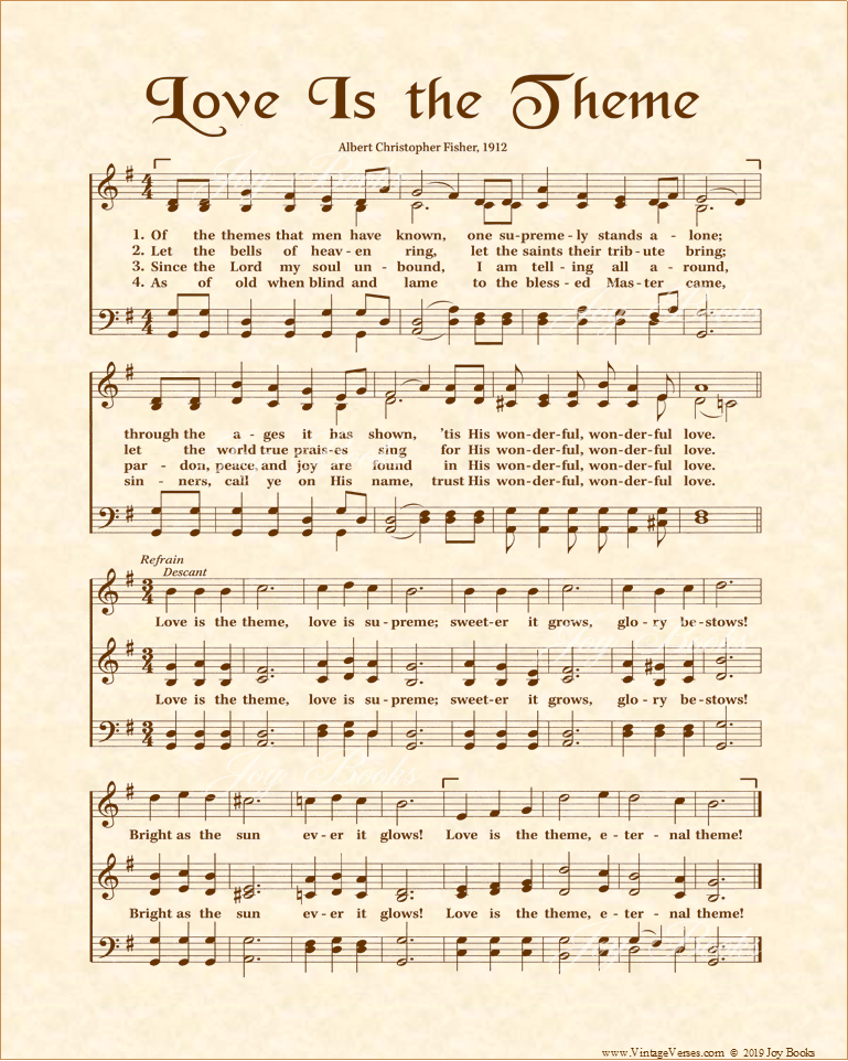 Love Is The Theme - Christian Heritage Hymn, Sheet Music, Vintage Style, Natural Parchment, Sepia Brown Ink, 8x10 art print ready to frame, Vintage Verses