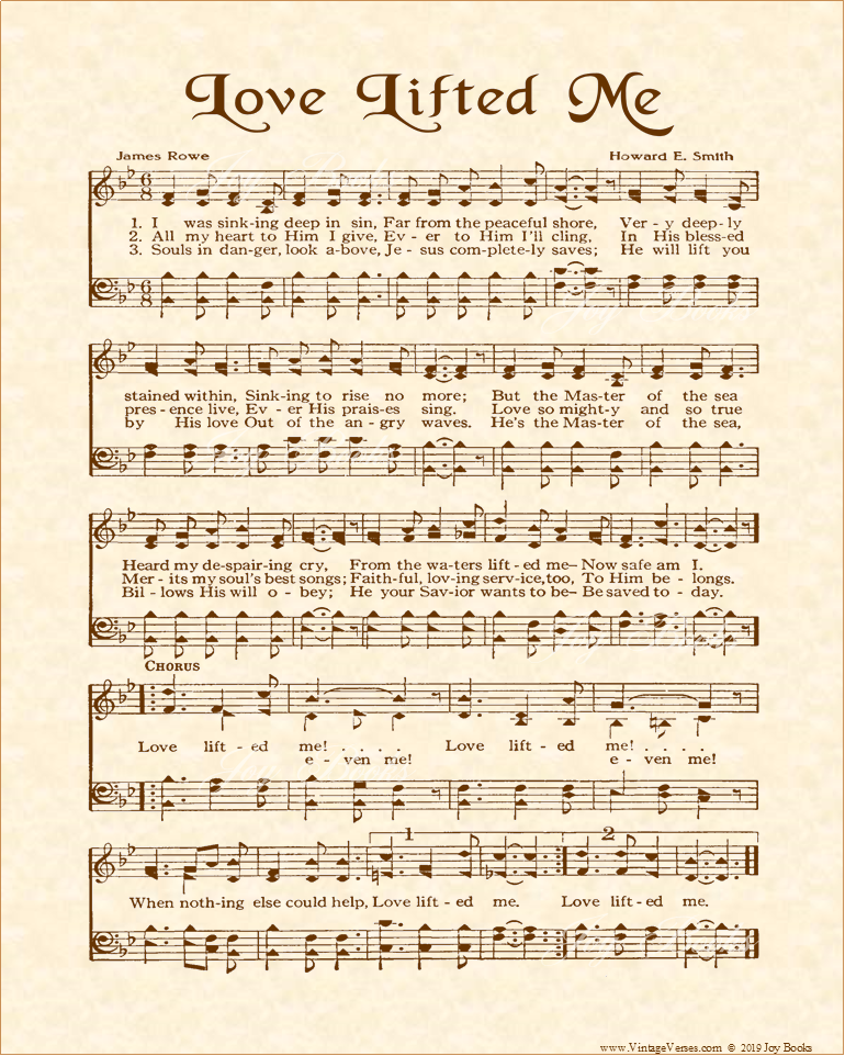 Love Lifted Me a.k.a. I Was Sinking Deep In Sin - Christian Heritage Hymn, Sheet Music, Vintage Style, Natural Parchment, Sepia Brown Ink, 8x10 art print ready to frame, Vintage Verses