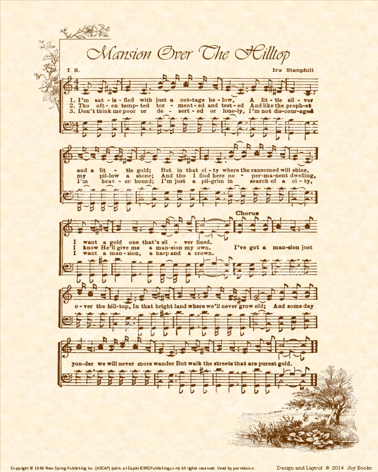 Mansion Over The Hilltop - Christian Heritage Hymn, Sheet Music, Vintage Style, Natural Parchment, Sepia Brown Ink, 8x10 art print ready to frame, Vintage Verses