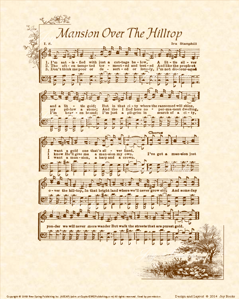 Mansion Over The Hilltop - Christian Heritage Hymn, Sheet Music, Vintage Style, Natural Parchment, Sepia Brown Ink, 8x10 art print ready to frame, Vintage Verses