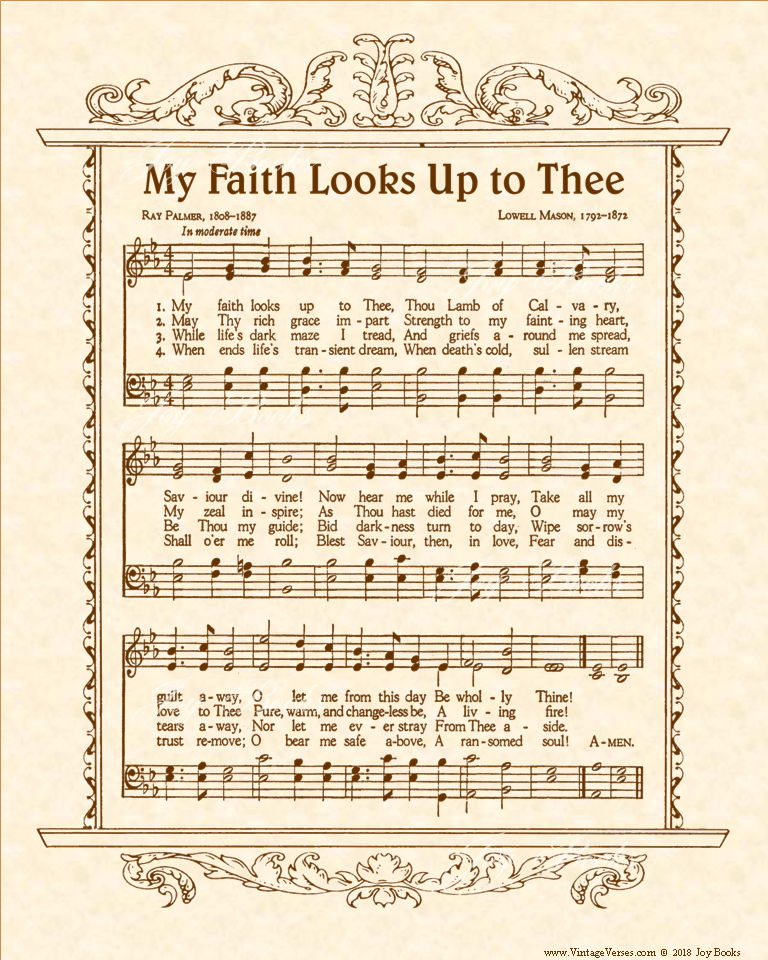 My Faith Looks Up To Thee - Christian Heritage Hymn, Sheet Music, Vintage Style, Natural Parchment, Sepia Brown Ink, 8x10 art print ready to frame, Vintage Verses