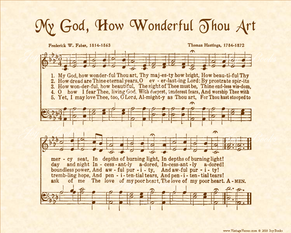 My God How Wonderful Thou Art - Christian Heritage Hymn, Sheet Music, Vintage Style, Natural Parchment, Sepia Brown Ink, 8x10 art print ready to frame, Vintage Verses