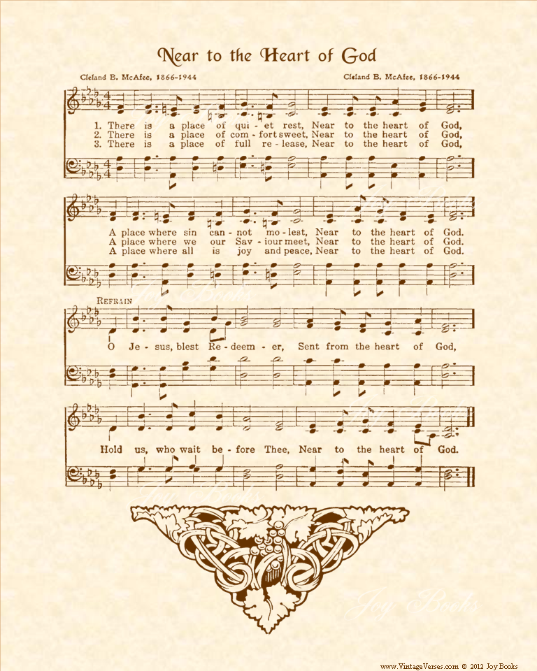 Near to the Heart of God - Christian Heritage Hymn, Sheet Music, Vintage Style, Natural Parchment, Sepia Brown Ink, 8x10 art print ready to frame, Vintage Verses