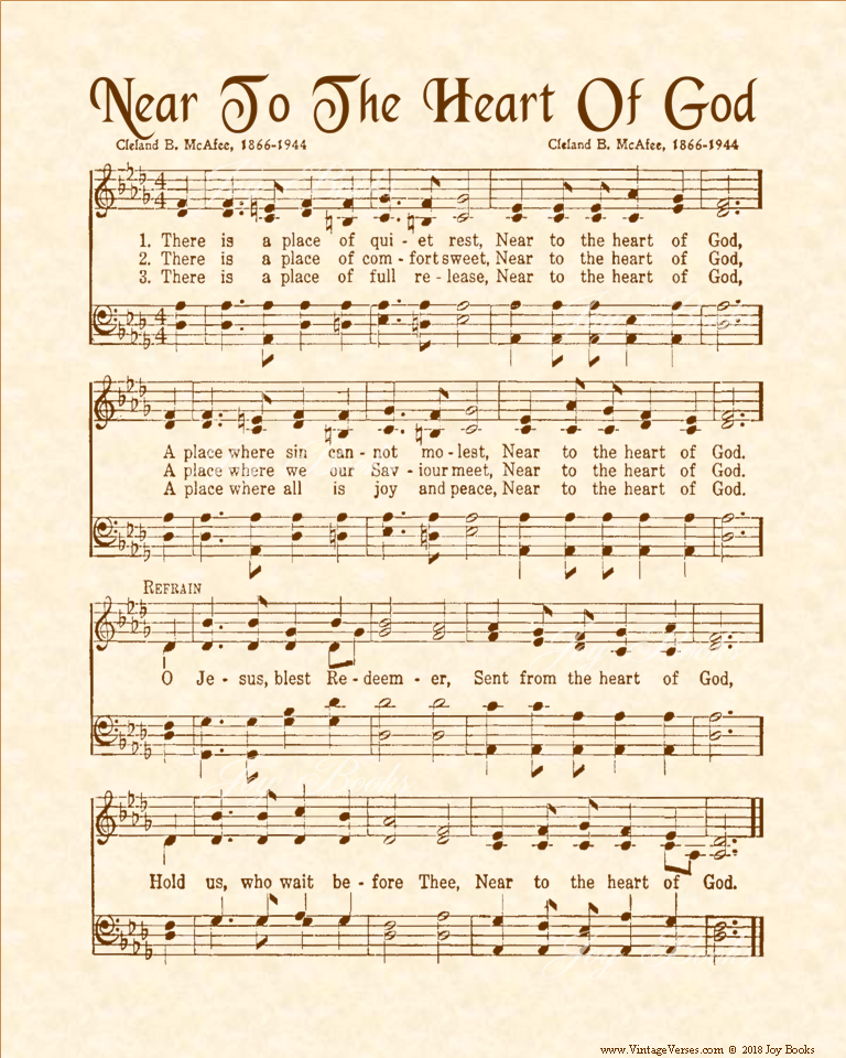 Near To The Heart Of God - Christian Heritage Hymn, Sheet Music, Vintage Style, Natural Parchment, Sepia Brown Ink, 8x10 art print ready to frame, Vintage Verses
