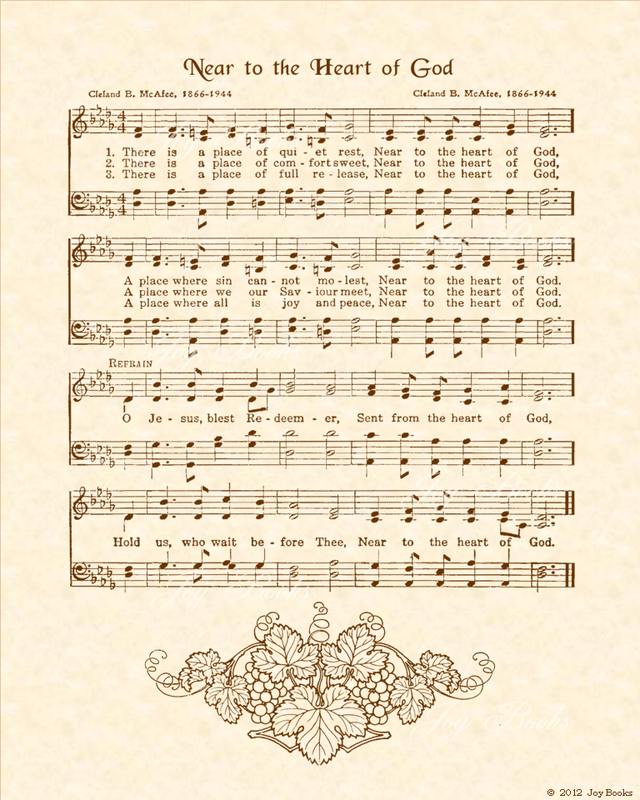 Near To The Heart Of God - Christian Heritage Hymn, Sheet Music, Vintage Style, Natural Parchment, Sepia Brown Ink, 8x10 art print ready to frame, Vintage Verses