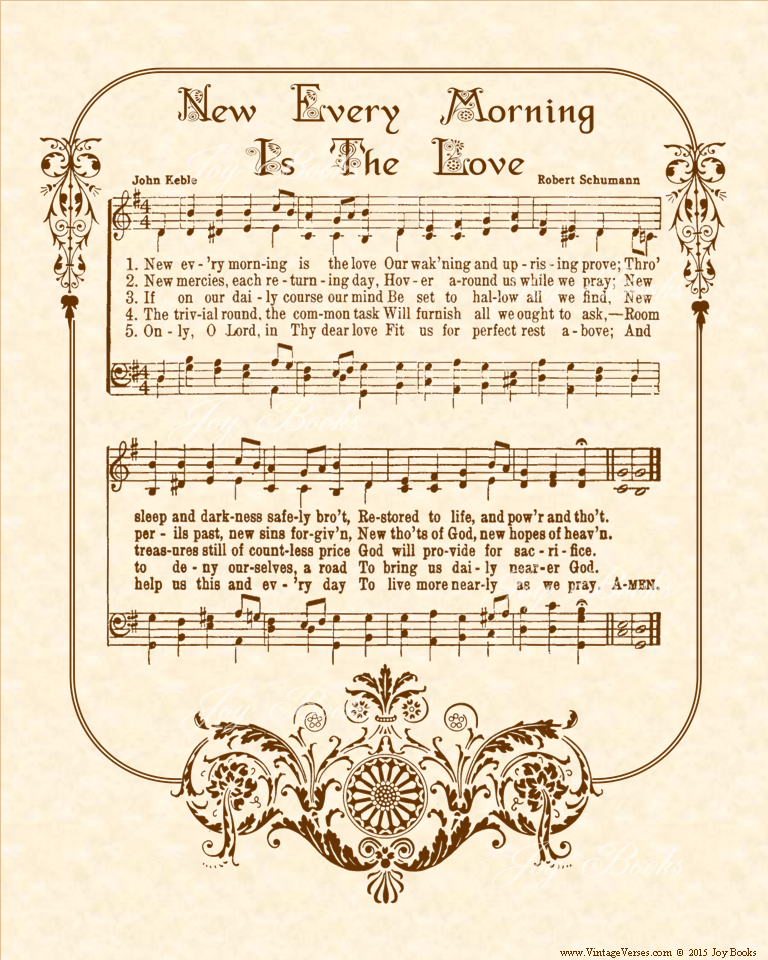 New Every Morning Is The Love - Christian Heritage Hymn, Sheet Music, Vintage Style, Natural Parchment, Sepia Brown Ink, 8x10 art print ready to frame, Vintage Verses