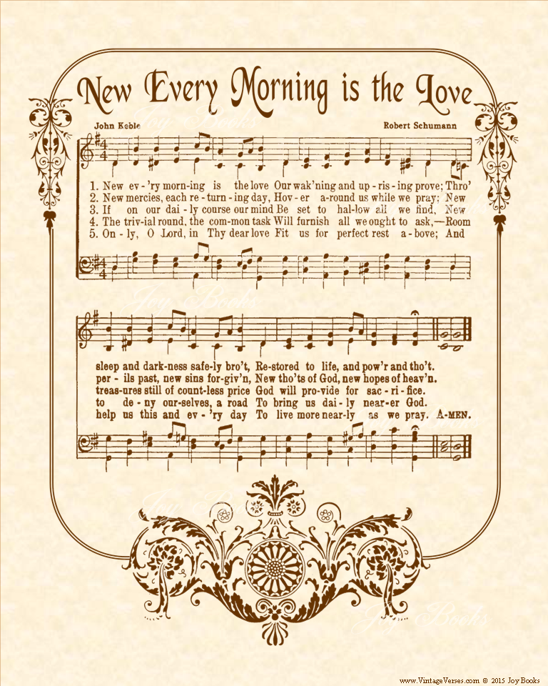 New Every Morning Is The Love - Christian Heritage Hymn, Sheet Music, Vintage Style, Natural Parchment, Sepia Brown Ink, 8x10 art print ready to frame, Vintage Verses