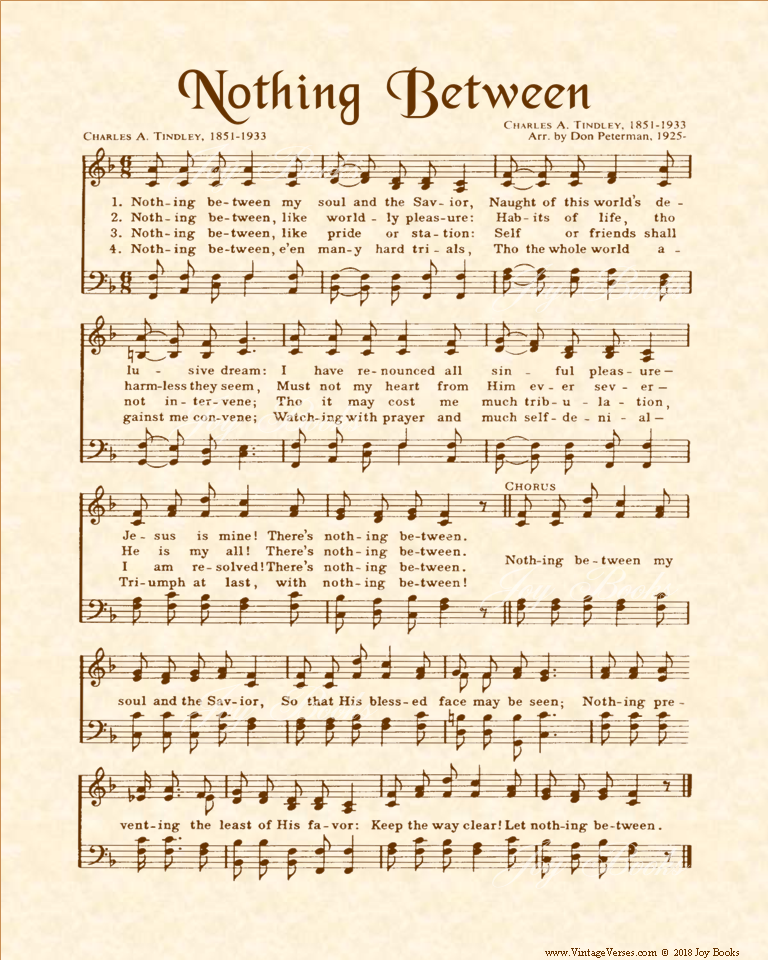 Nothing Between - Christian Heritage Hymn, Sheet Music, Vintage Style, Natural Parchment, Sepia Brown Ink, 8x10 art print ready to frame, Vintage Verses