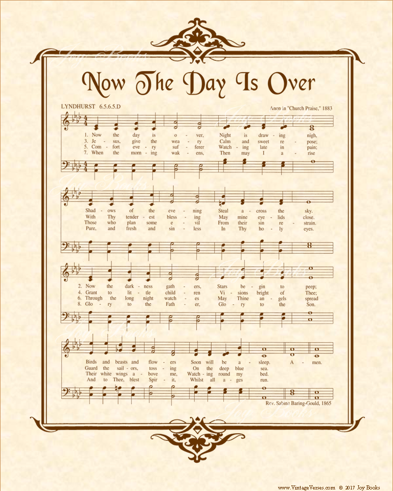 Now The Day Is Over - Christian Heritage Hymn, Sheet Music, Vintage Style, Natural Parchment, Sepia Brown Ink, 8x10 art print ready to frame, Vintage Verses