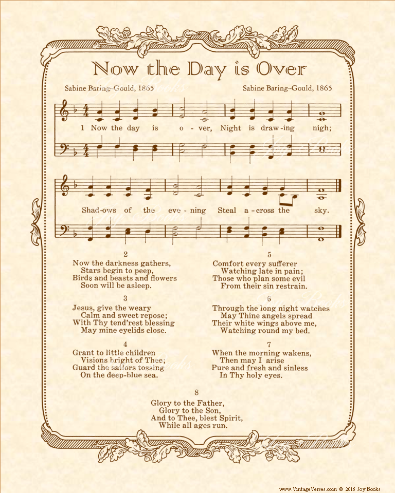 Now The Day Is Over - Christian Heritage Hymn, Sheet Music, Vintage Style, Natural Parchment, Sepia Brown Ink, 8x10 art print ready to frame, Vintage Verses