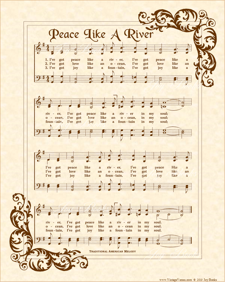 Peace Like A River - Christian Heritage Hymn, Sheet Music, Vintage Style, Natural Parchment, Sepia Brown Ink, 8x10 art print ready to frame, Vintage Verses