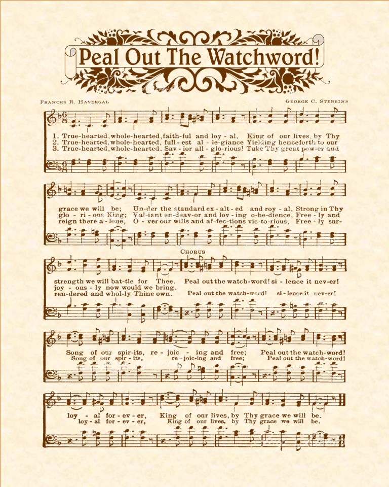 Peal Out The Watchword - Christian Heritage Hymn, Sheet Music, Vintage Style, Natural Parchment, Sepia Brown Ink, 8x10 art print ready to frame, Vintage Verses