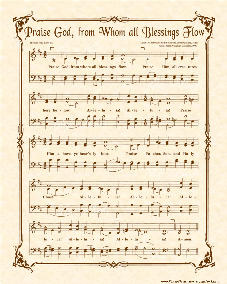 Praise God From Whom All Blessings Flow - Doxology - Christian Heritage Hymn, Sheet Music, Vintage Style, Natural Parchment, Sepia Brown Ink, 8x10 art print ready to frame, Vintage Verses