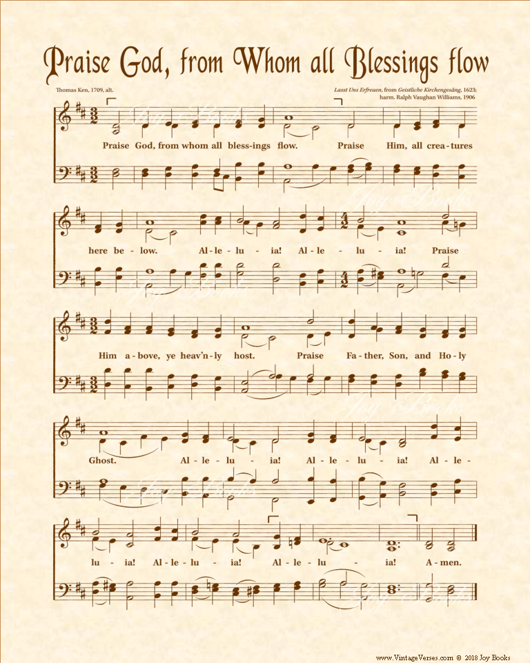 Praise God From Whom All Blessings Flow - Doxology - Christian Heritage Hymn, Sheet Music, Vintage Style, Natural Parchment, Sepia Brown Ink, 8x10 art print ready to frame, Vintage Verses