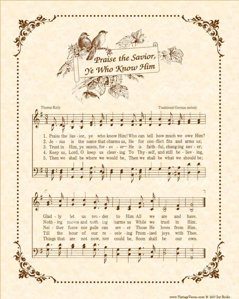 Praise The Savior Ye Who Know Him - Christian Heritage Hymn, Sheet Music, Vintage Style, Natural Parchment, Sepia Brown Ink, 8x10 art print ready to frame, Vintage Verses