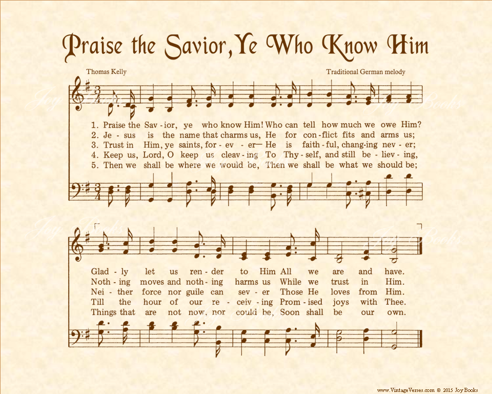 Praise The Savior Ye Who Know Him - Christian Heritage Hymn, Sheet Music, Vintage Style, Natural Parchment, Sepia Brown Ink, 8x10 art print ready to frame, Vintage Verses