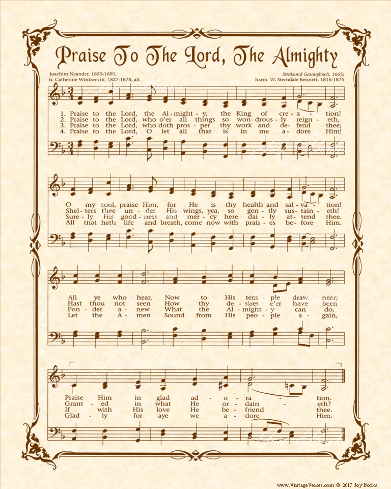 Praise To The Lord The Almighty - Christian Heritage Hymn, Sheet Music, Vintage Style, Natural Parchment, Sepia Brown Ink, 8x10 art print ready to frame, Vintage Verses