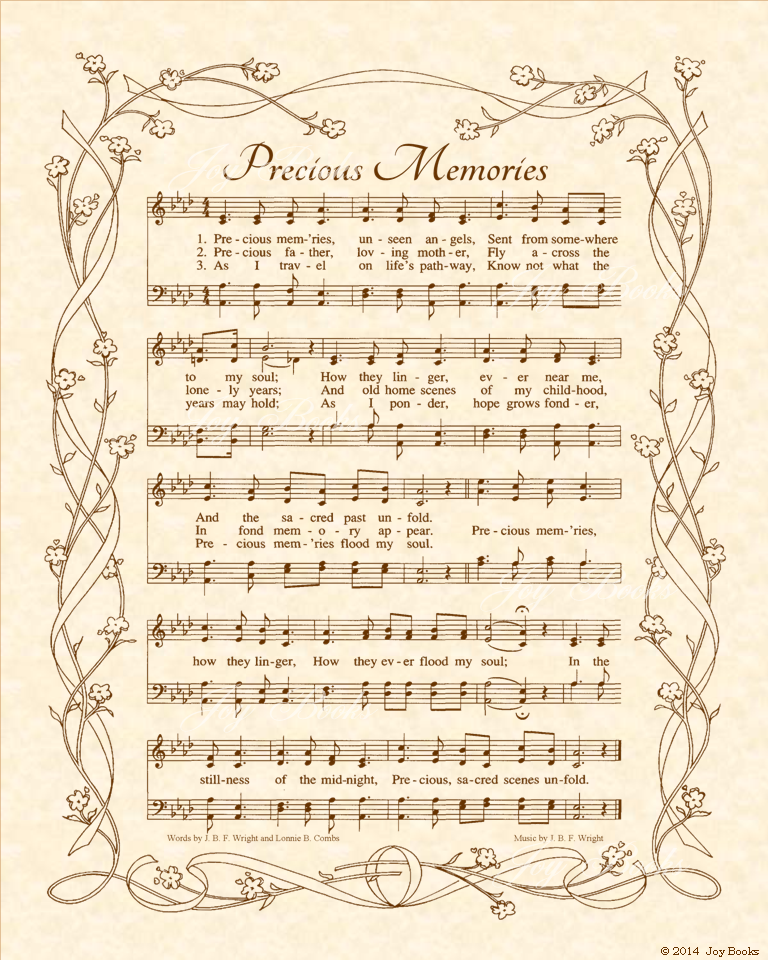 Precious Memories - Christian Heritage Hymn, Sheet Music, Vintage Style, Natural Parchment, Sepia Brown Ink, 8x10 art print ready to frame, Vintage Verses