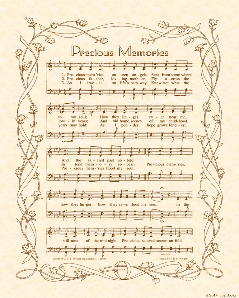 Precious Memories - Christian Heritage Hymn, Sheet Music, Vintage Style, Natural Parchment, Sepia Brown Ink, 8x10 art print ready to frame, Vintage Verses