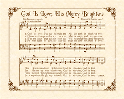 God Is Love His Mercy Brightens - Christian Heritage Hymn, Sheet Music, Vintage Style, Natural Parchment, Sepia Brown Ink, 8x10 art print ready to frame, Vintage Verses