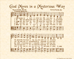 God Moves In A Mysterious Way - Christian Heritage Hymn, Sheet Music, Vintage Style, Natural Parchment, Sepia Brown Ink, 8x10 art print ready to frame, Vintage Verses