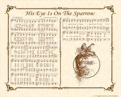 His Eye Is On The Sparrow - Christian Heritage Hymn, Sheet Music, Vintage Style, Natural Parchment, Sepia Brown Ink, 8x10 art print ready to frame, Vintage Verses