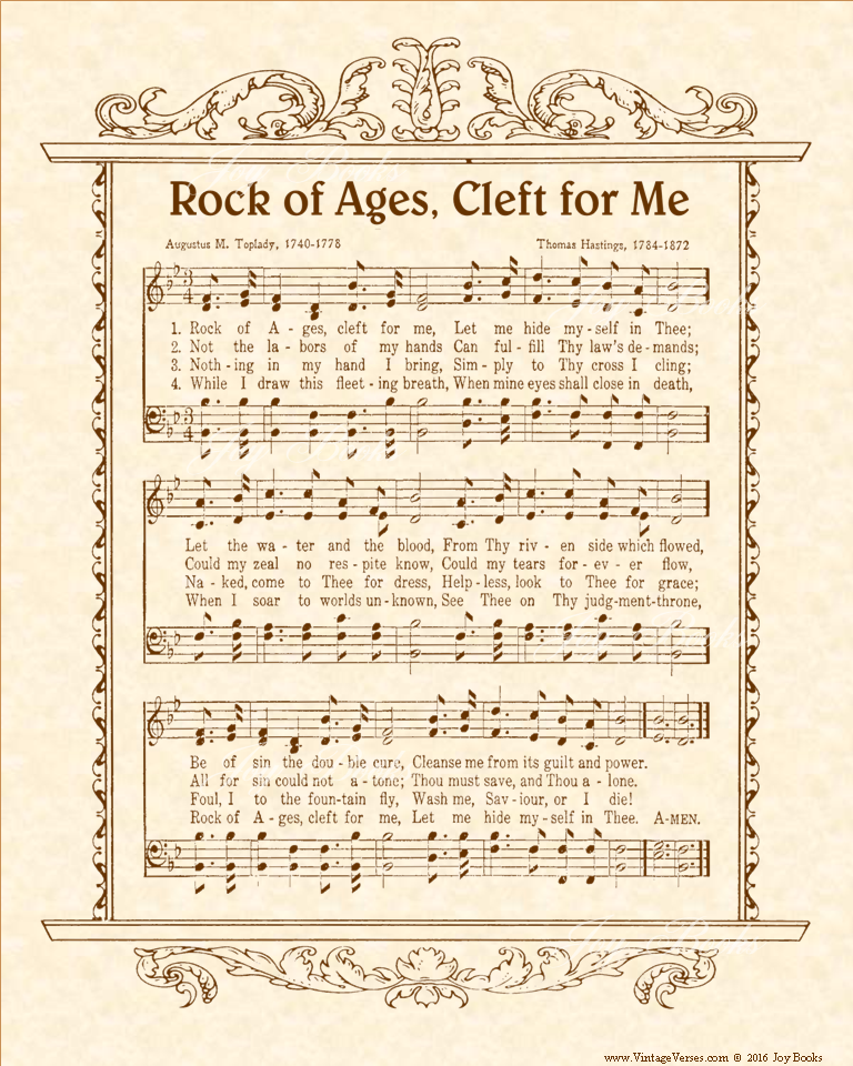 Rock Of Ages Cleft For Me - Christian Heritage Hymn, Sheet Music, Vintage Style, Natural Parchment, Sepia Brown Ink, 8x10 art print ready to frame, Vintage Verses