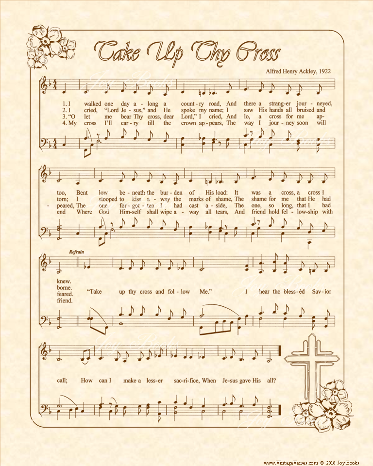 Take Up Thy Cross - Christian Heritage Hymn, Sheet Music, Vintage Style, Natural Parchment, Sepia Brown Ink, 8x10 art print ready to frame, Vintage Verses