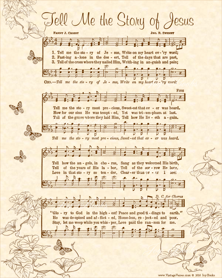 Tell Me The Story Of Jesus - Christian Heritage Hymn, Sheet Music, Vintage Style, Natural Parchment, Sepia Brown Ink, 8x10 art print ready to frame, Vintage Verses