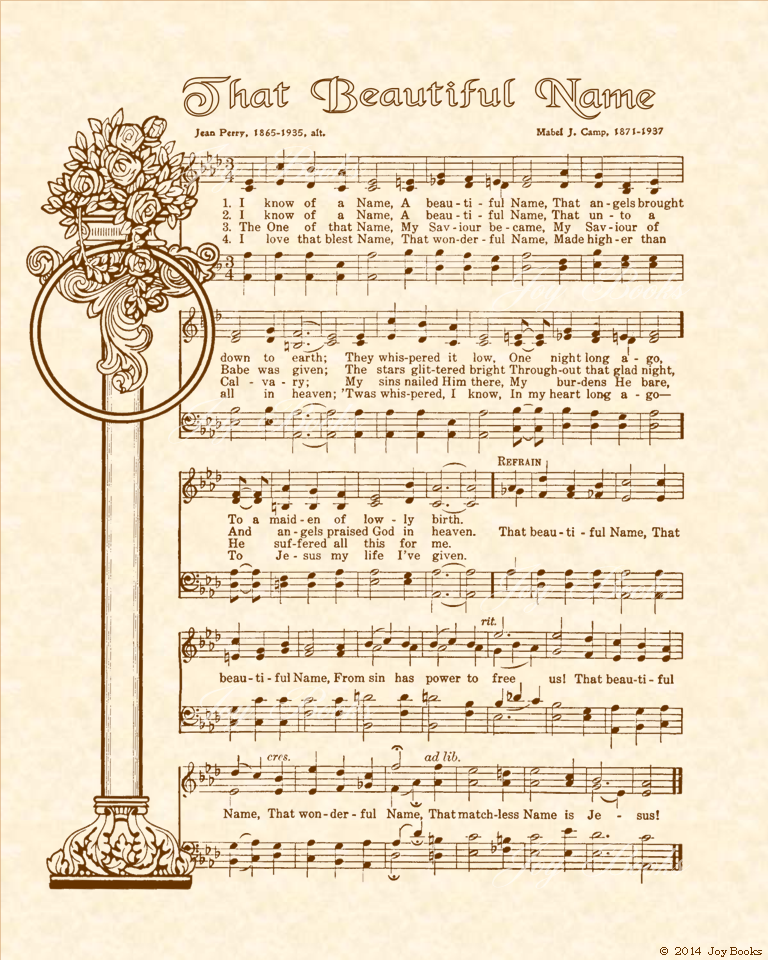 That Beautiful Name - Christian Heritage Hymn, Sheet Music, Vintage Style, Natural Parchment, Sepia Brown Ink, 8x10 art print ready to frame, Vintage Verses