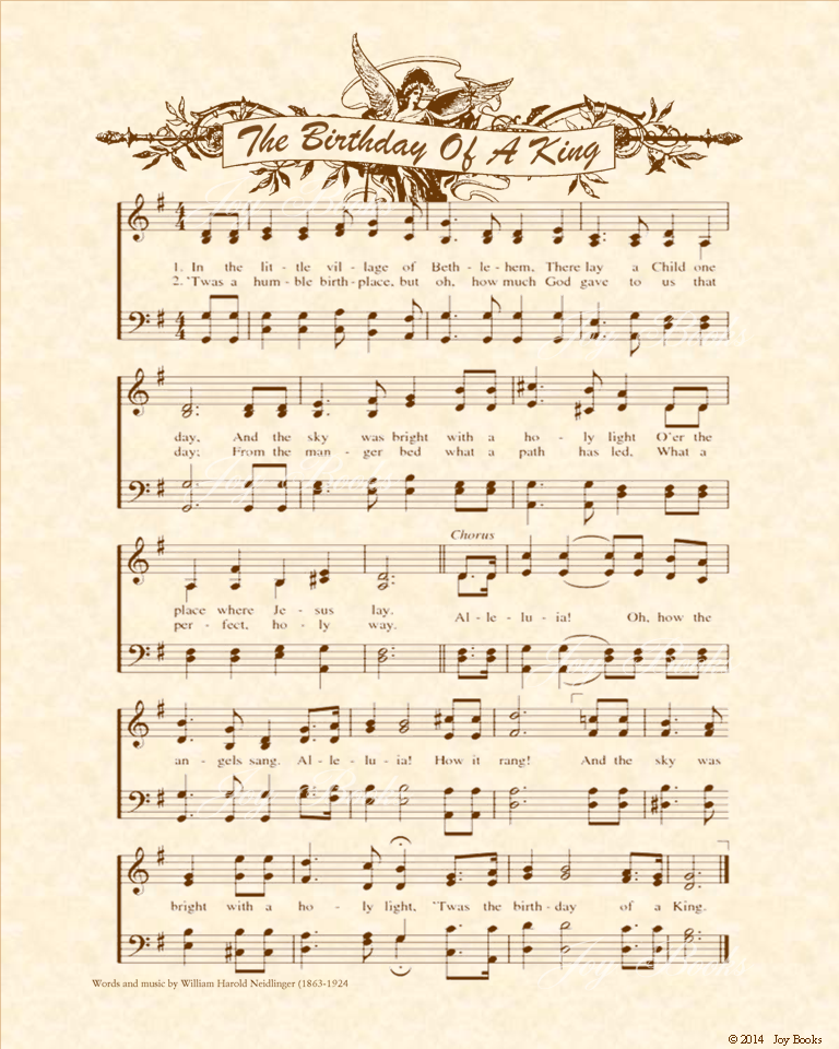The Birthday Of A King - Christian Heritage Hymn, Sheet Music, Vintage Style, Natural Parchment, Sepia Brown Ink, 8x10 art print ready to frame, Vintage Verses