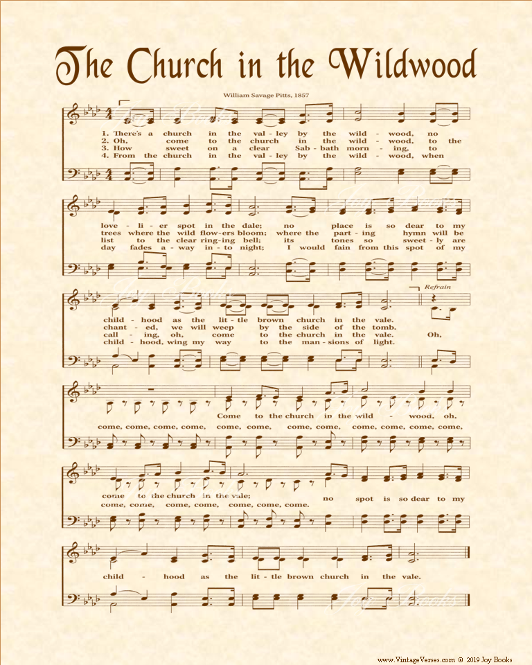 The Church In The Wildwood A.K.A. The Little Brown Church In The Vale - Christian Heritage Hymn, Sheet Music, Vintage Style, Natural Parchment, Sepia Brown Ink, 8x10 art print ready to frame, Vintage Verses