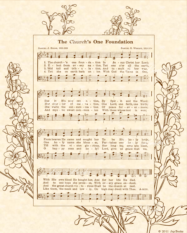 The Churchs One Foundation - Christian Heritage Hymn, Sheet Music, Vintage Style, Natural Parchment, Sepia Brown Ink, 8x10 art print ready to frame, Vintage Verses