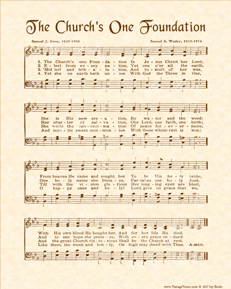 The Churchs One Foundation - Christian Heritage Hymn, Sheet Music, Vintage Style, Natural Parchment, Sepia Brown Ink, 8x10 art print ready to frame, Vintage Verses