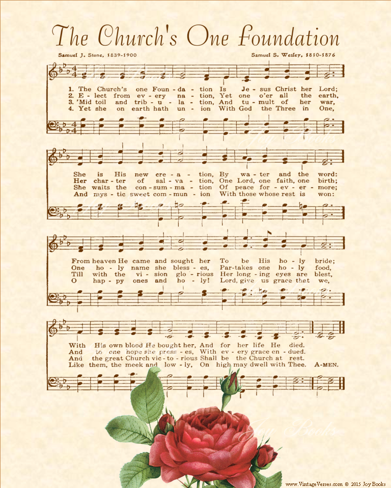 The Churchs One Foundation - Christian Heritage Hymn, Sheet Music, Vintage Style, Natural Parchment, Sepia Brown Ink, Red Rose, 8x10 art print ready to frame, Vintage Verses