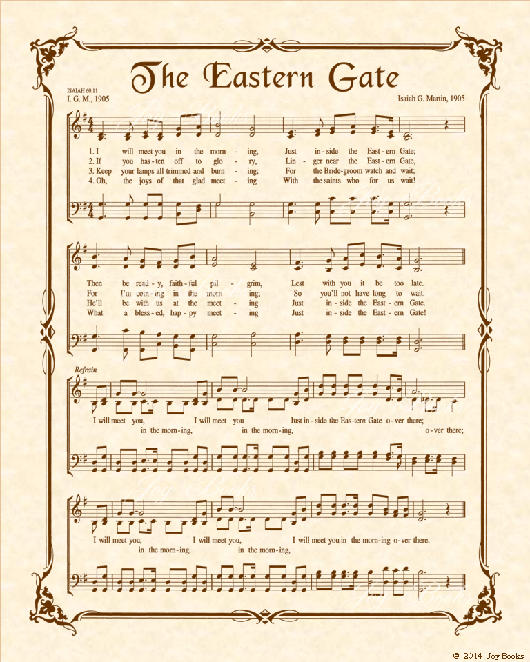 Just Inside The Eastern Gate - Christian Heritage Hymn, Sheet Music, Vintage Style, Natural Parchment, Sepia Brown Ink, 8x10 art print ready to frame, Vintage Verses