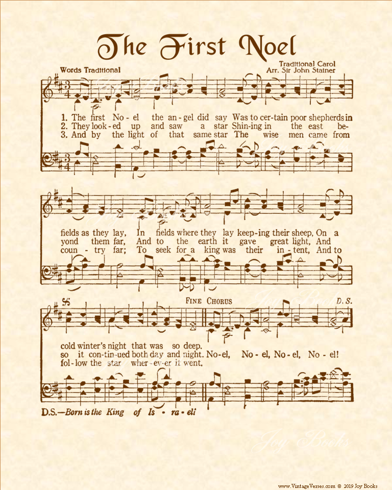 The First Noel - Christian Heritage Hymn, Sheet Music, Vintage Style, Natural Parchment, Sepia Brown Ink, 8x10 art print ready to frame, Vintage Verses